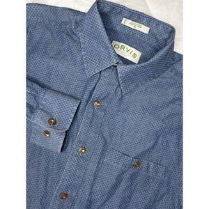 Orvis Long Sleeve Button Up Seersucker Shirt‎ Men's Medium Blue Geometric Print